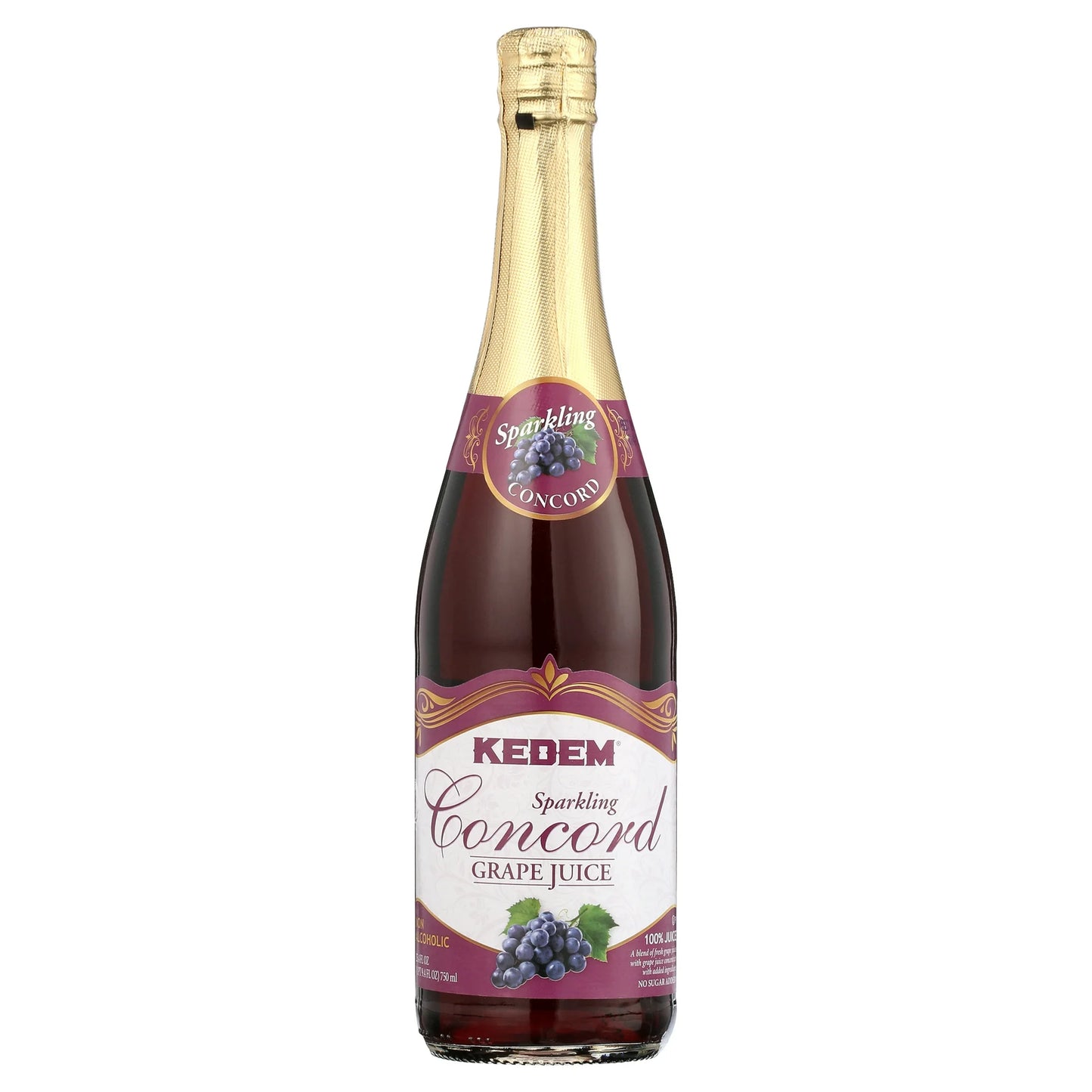 Bottle of Kedem Sparkling Concord Grape Juice on a white background