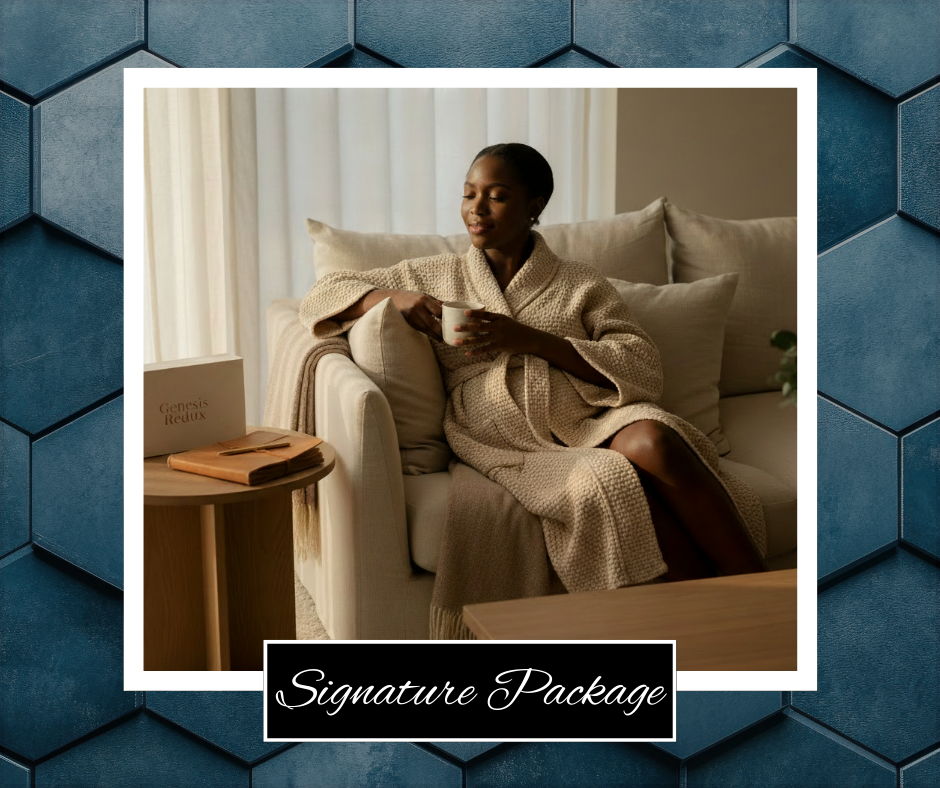 Supported postpartum woman in a serene home setting, representing Genesis Reset Signature postpartum nursing concierge care