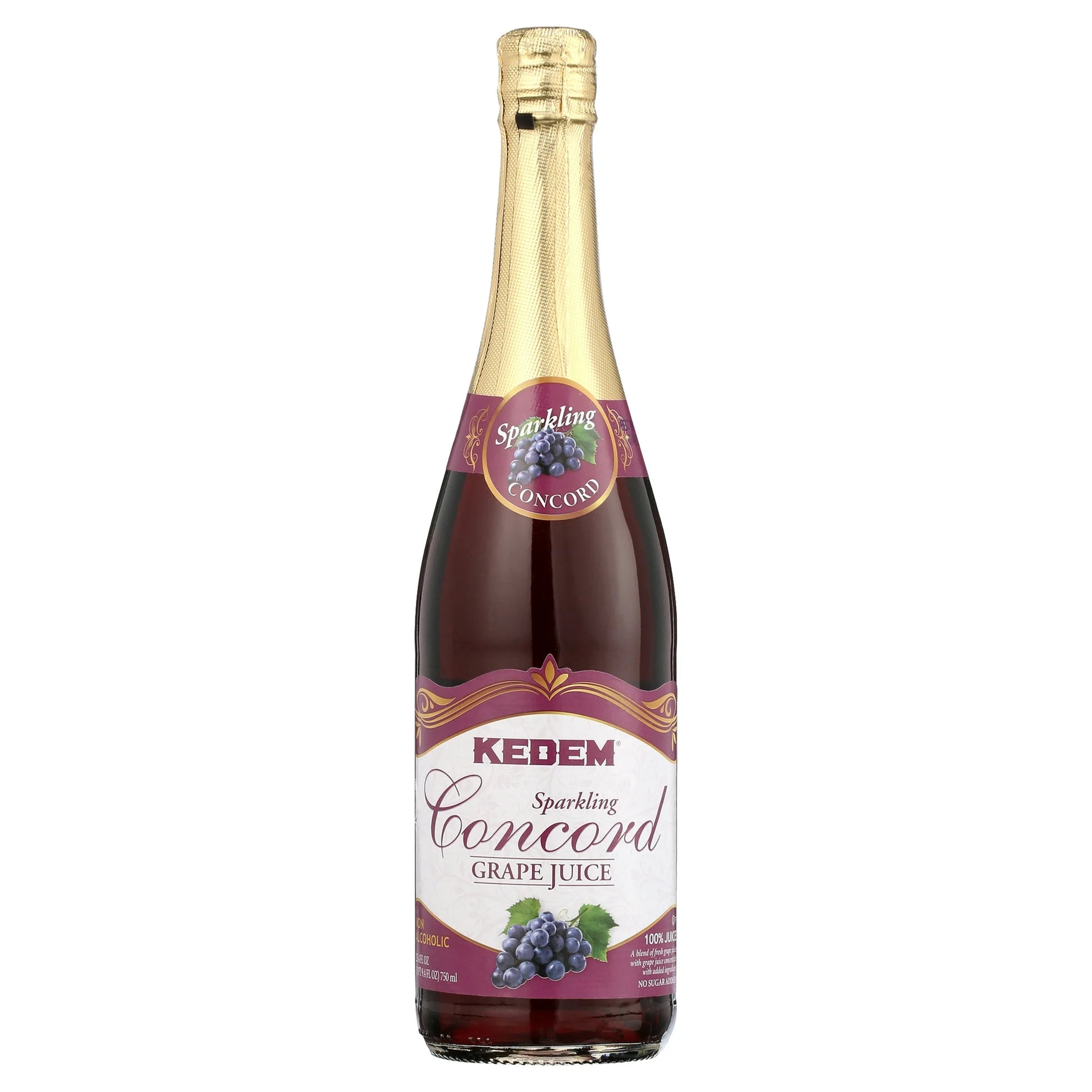 Bottle of Kedem Sparkling Concord Grape Juice on a white background