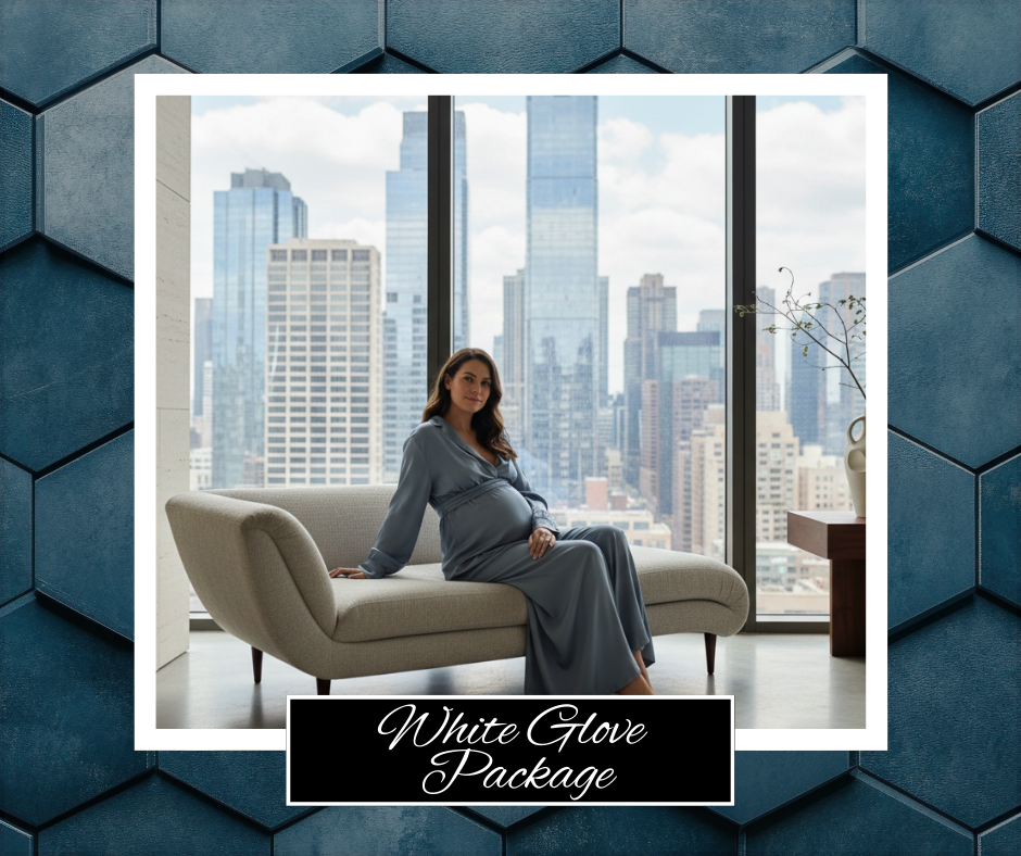 Elegant postpartum woman in a refined interior, representing Genesis Reset White Glove Concierge postpartum nursing support