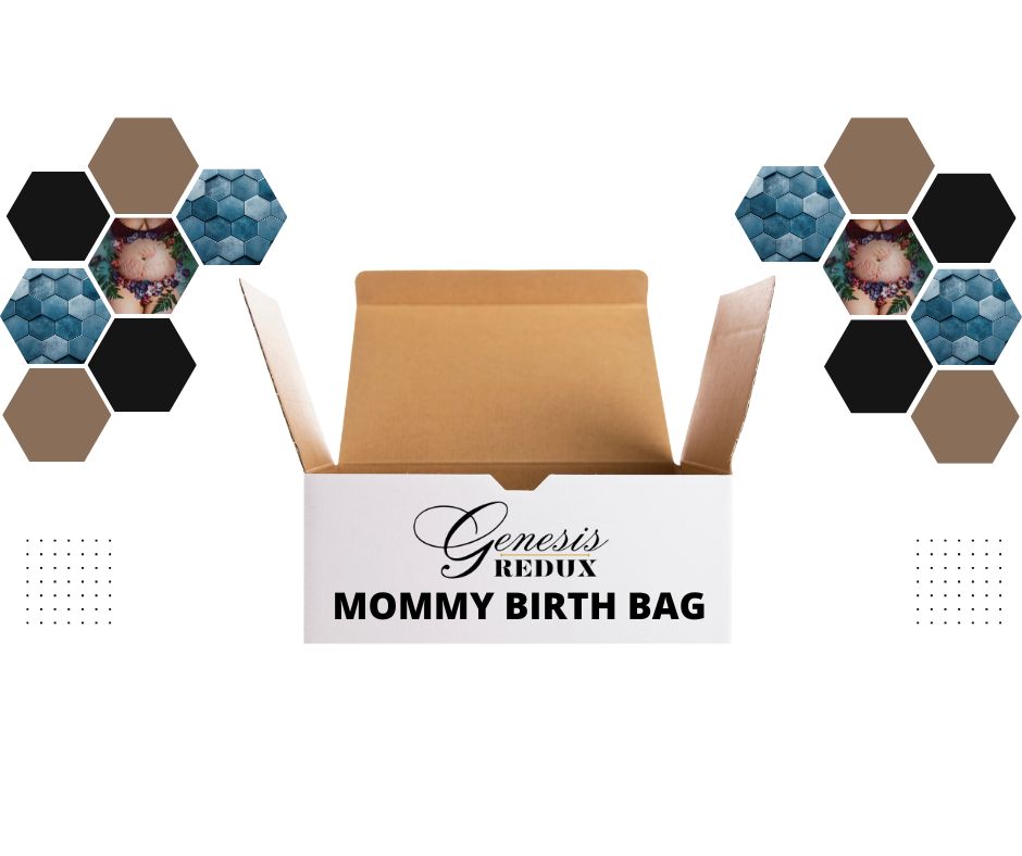 Genesis Redux Mommy Birth Bag packaging with hexagonal design elements on a white background