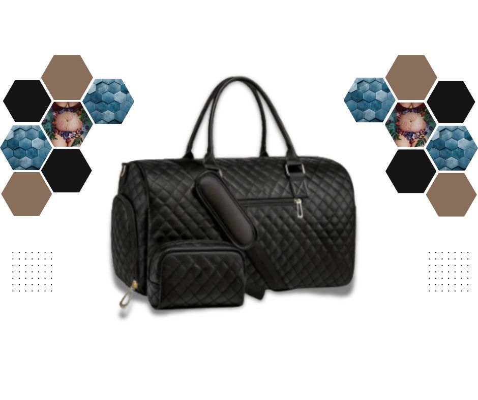 Black quilted handbag with a matching pouch on a white background