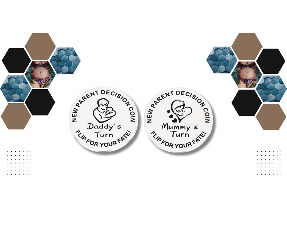 Two circular decision coins with 'Daddy's Turn' and 'Mummy's Turn' text, surrounded by hexagonal icons.
