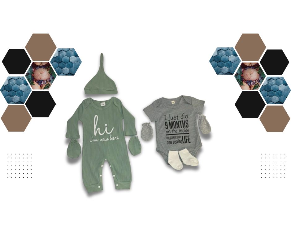 Two baby outfits, one green and one gray, with text on a white background with hexagonal pattern.