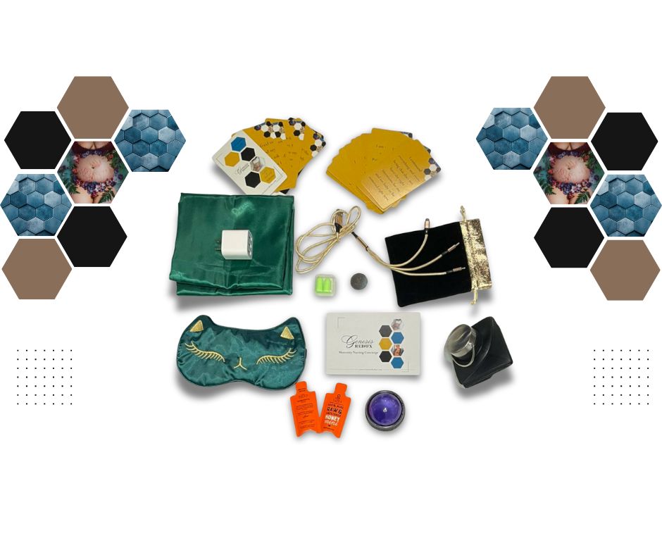 Collection of various items including a green mask, orange bottles, and other small objects on a white background with hexagonal color swatches.