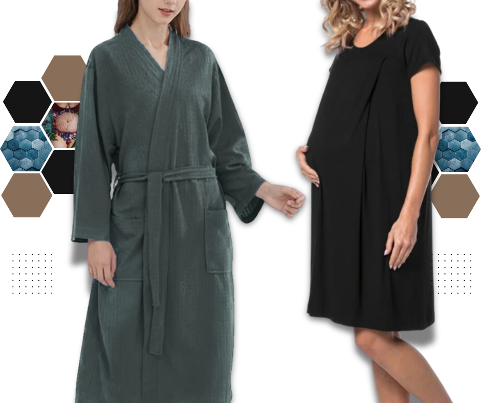 Two women, one in a gray maternity robe and the other in a black maternity gown, with color swatches in the background.